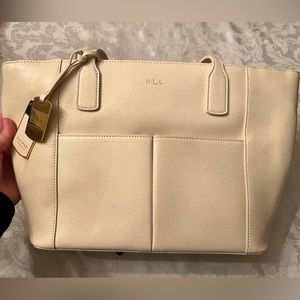 Lauren Ralph Lauren Newbury pocket shopper in Ivory. Genuine leather tote bag